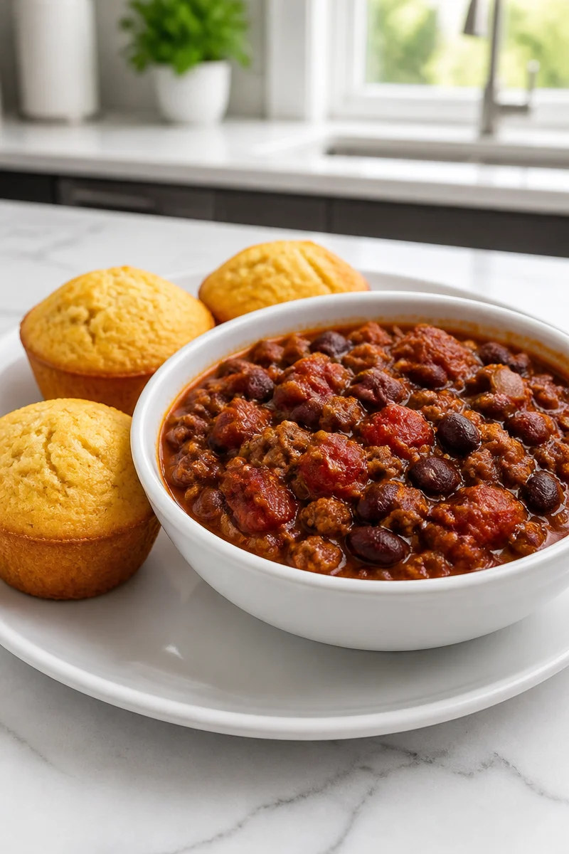 Bowl of classic beef and bean chili served with cornbread muffins on the side.