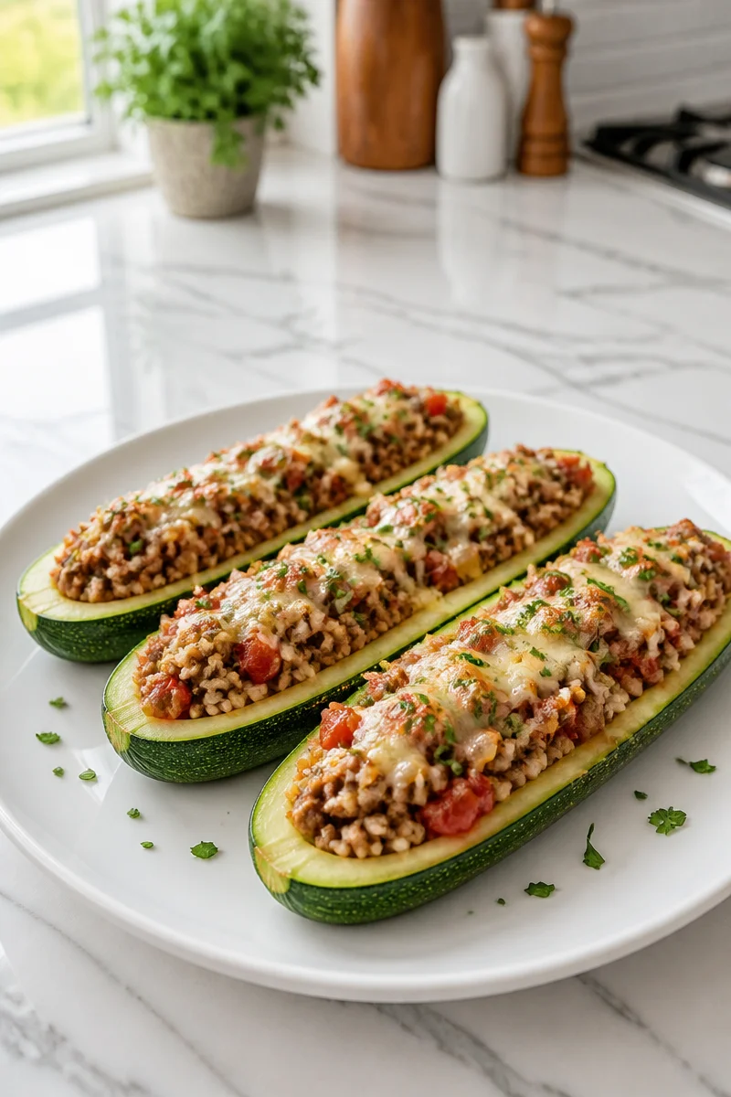 Delicious beef and rice stuffed zucchini boat served with herbs and spices