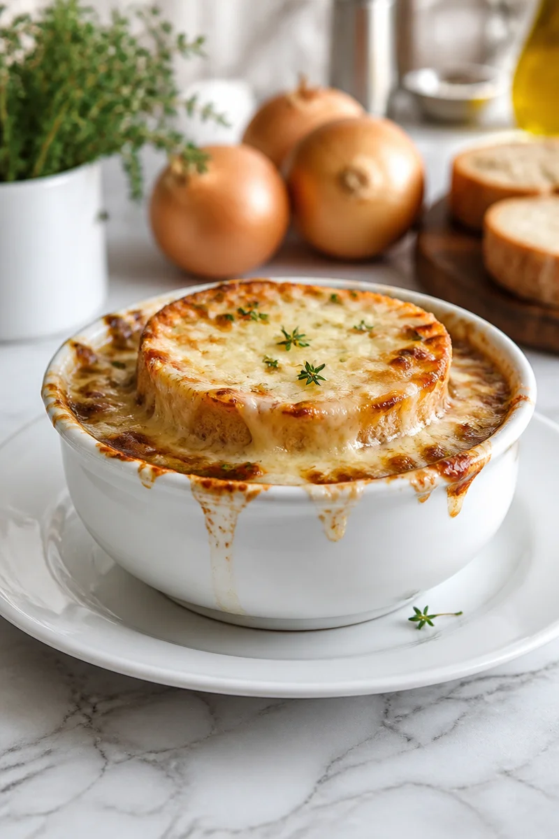 Delicious bowl of classic beef broth and Gruyere French onion soup