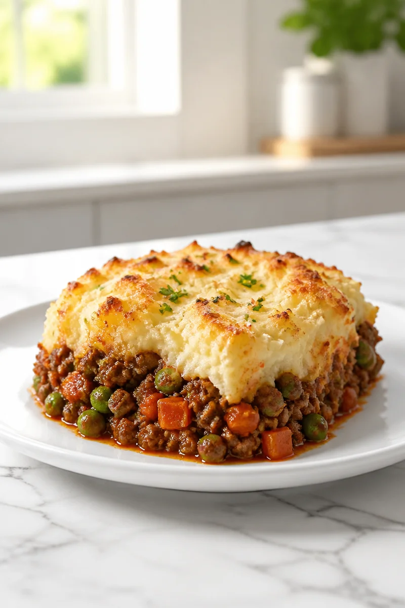 Classic Beef Shepherd Pie topped with homemade mashed potato crust.