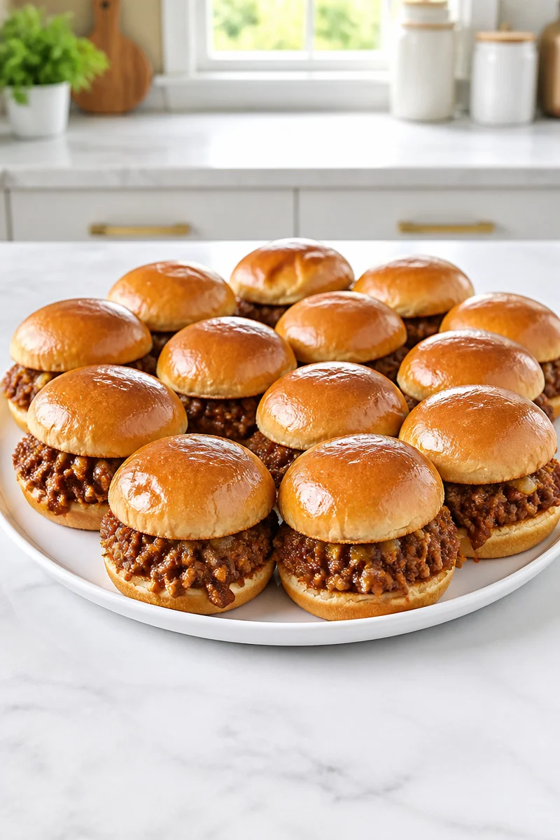 Classic Beef Sloppy Joe sliders on brioche buns served on a platter