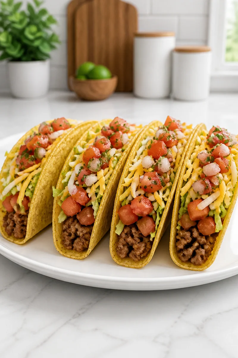 Delicious classic beef tacos topped with homemade seasoning and fresh pico de gallo.