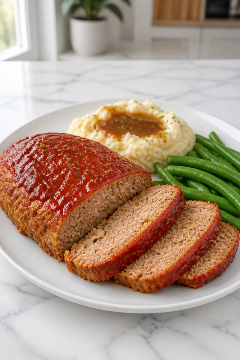 Classic brown sugar glazed turkey meatloaf served with sides