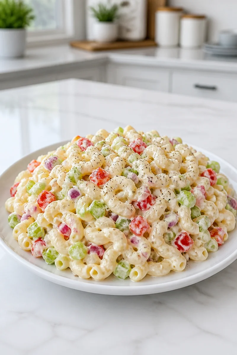 Classic creamy macaroni salad with celery in a bowl