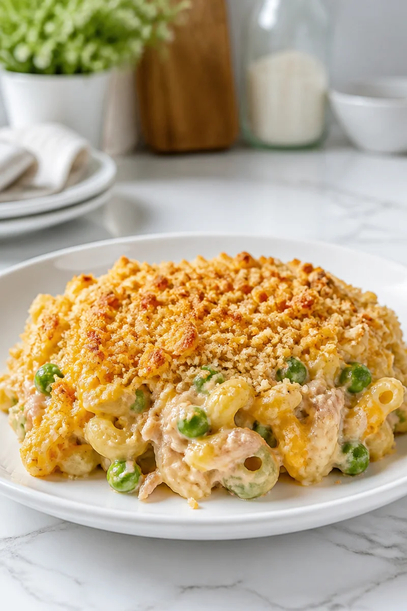 Delicious classic creamy tuna casserole with crushed cracker topping