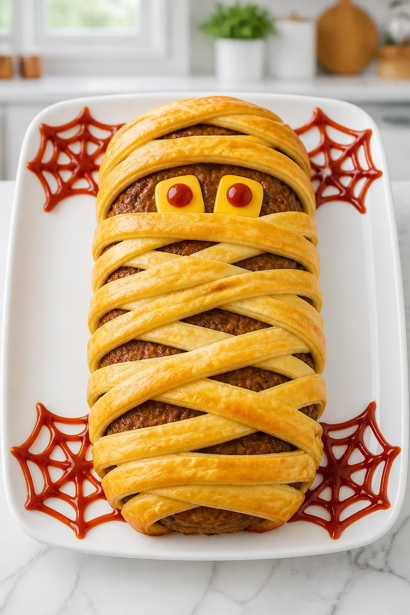 Classic Halloween Mummy Baked Meatloaf with spooky decorations