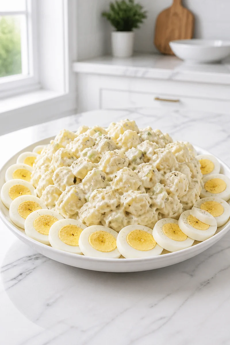 Classic Hellmann's potato salad with sweet pickle relish in a bowl