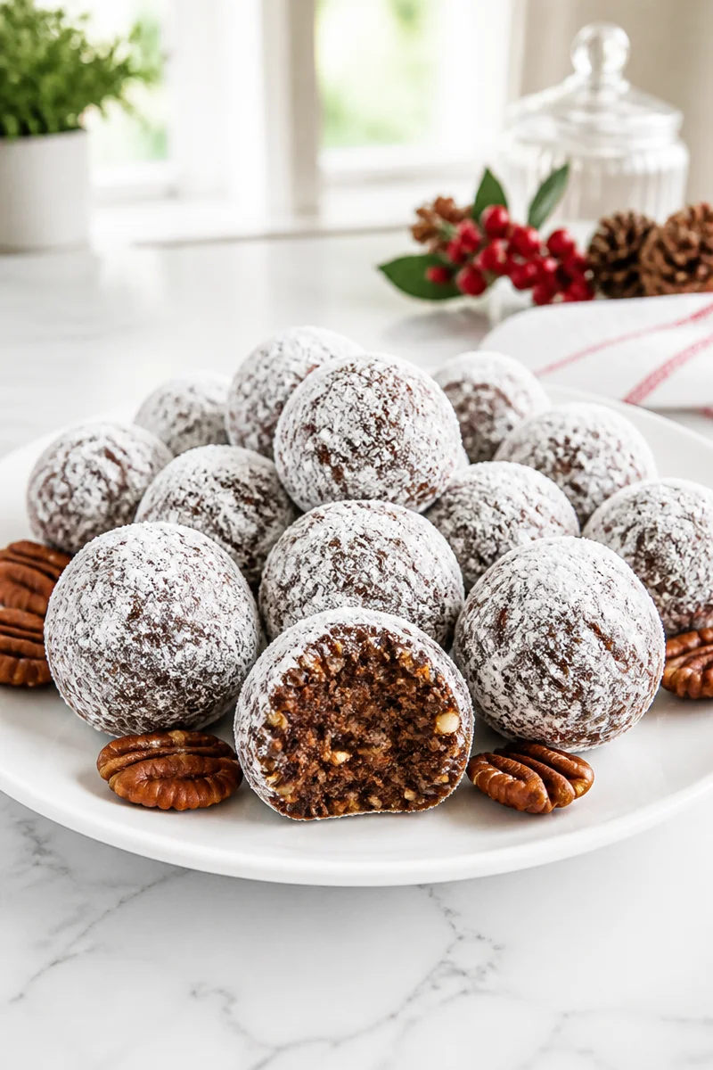 Classic holiday rum balls with pecans displayed on a festive plate.