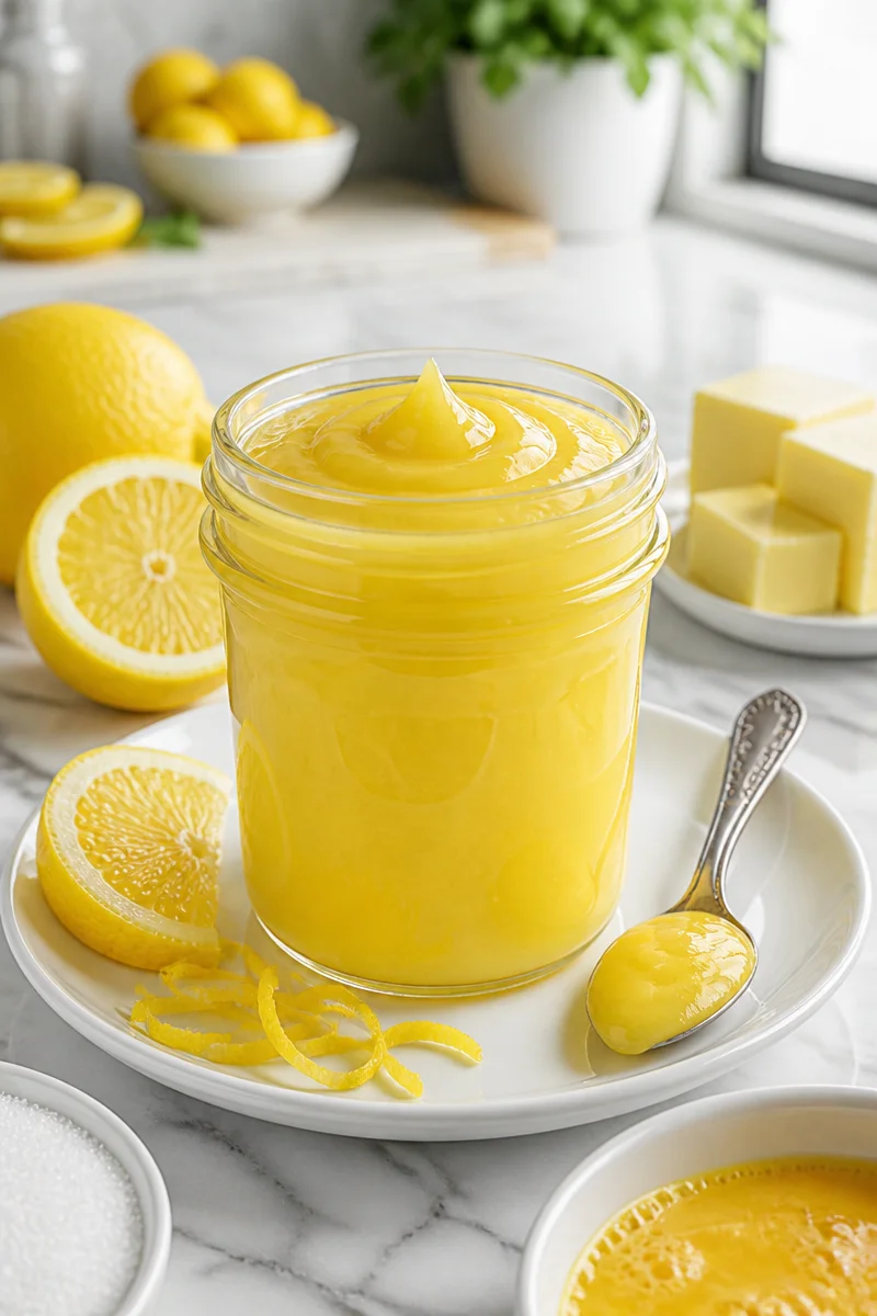 A jar of classic homemade lemon curd filling with a lemon beside it