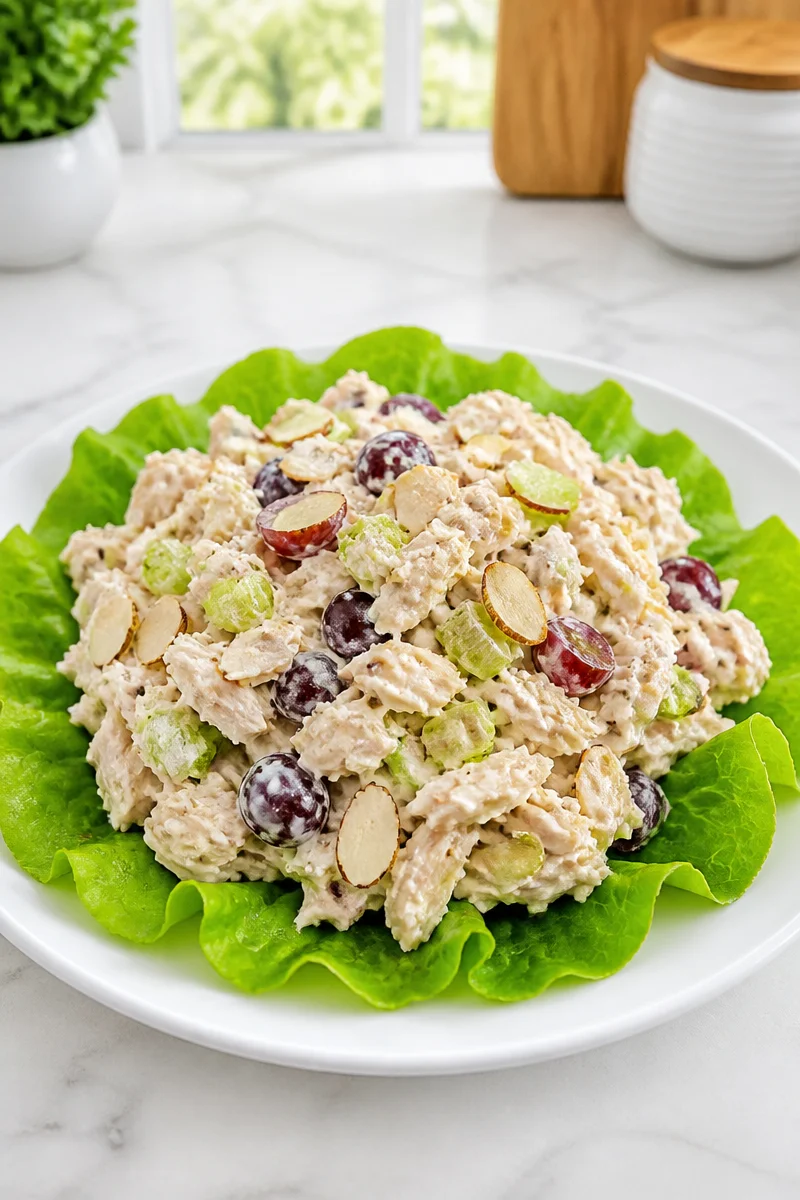 Classic homestyle chicken salad served in a bowl with fresh ingredients