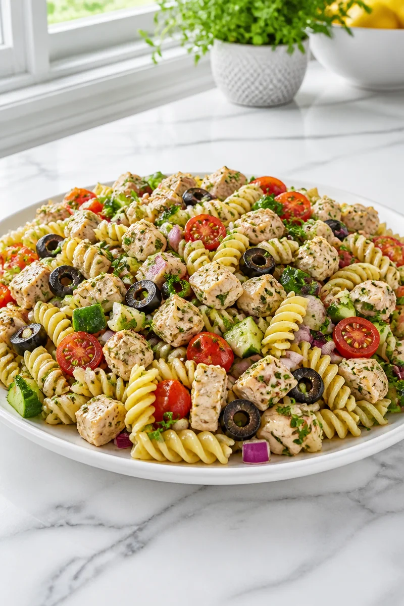 Classic Italian Herb and Chicken Pasta Salad with fresh ingredients