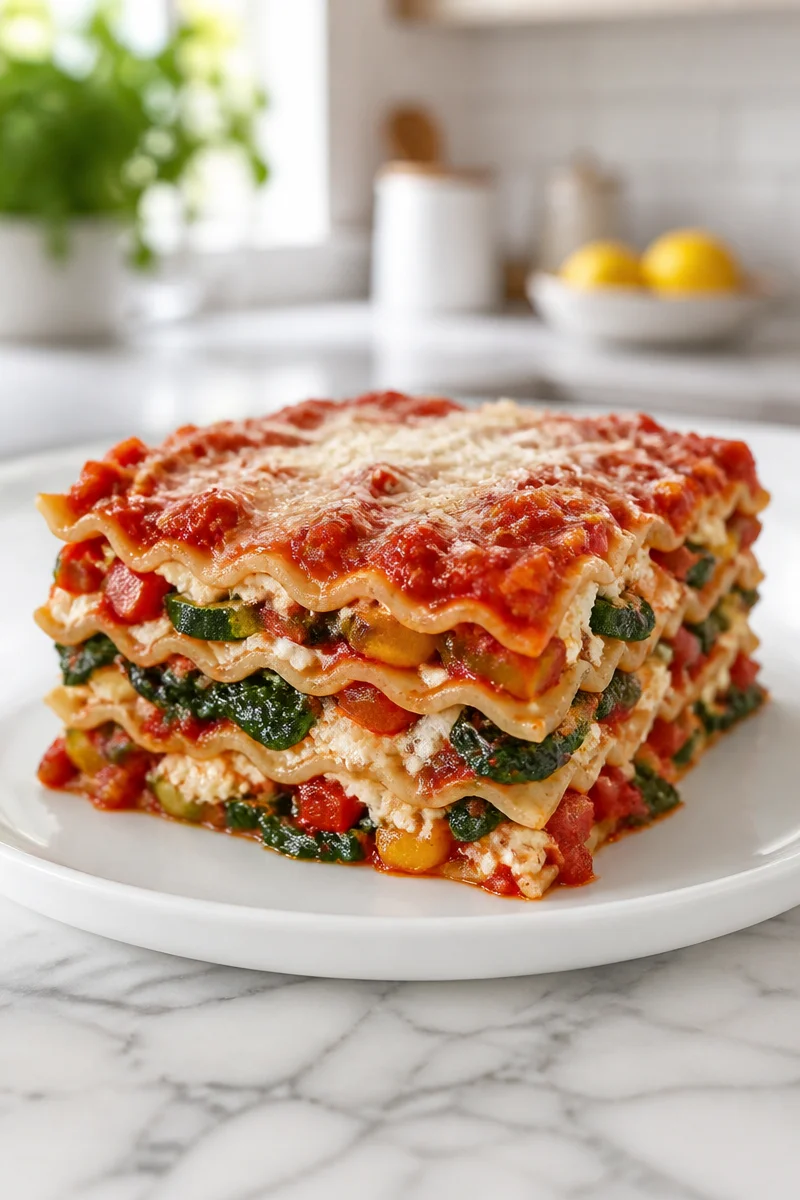 Classic meatless vegetable lasagna featuring spinach and rich layers of flavor.