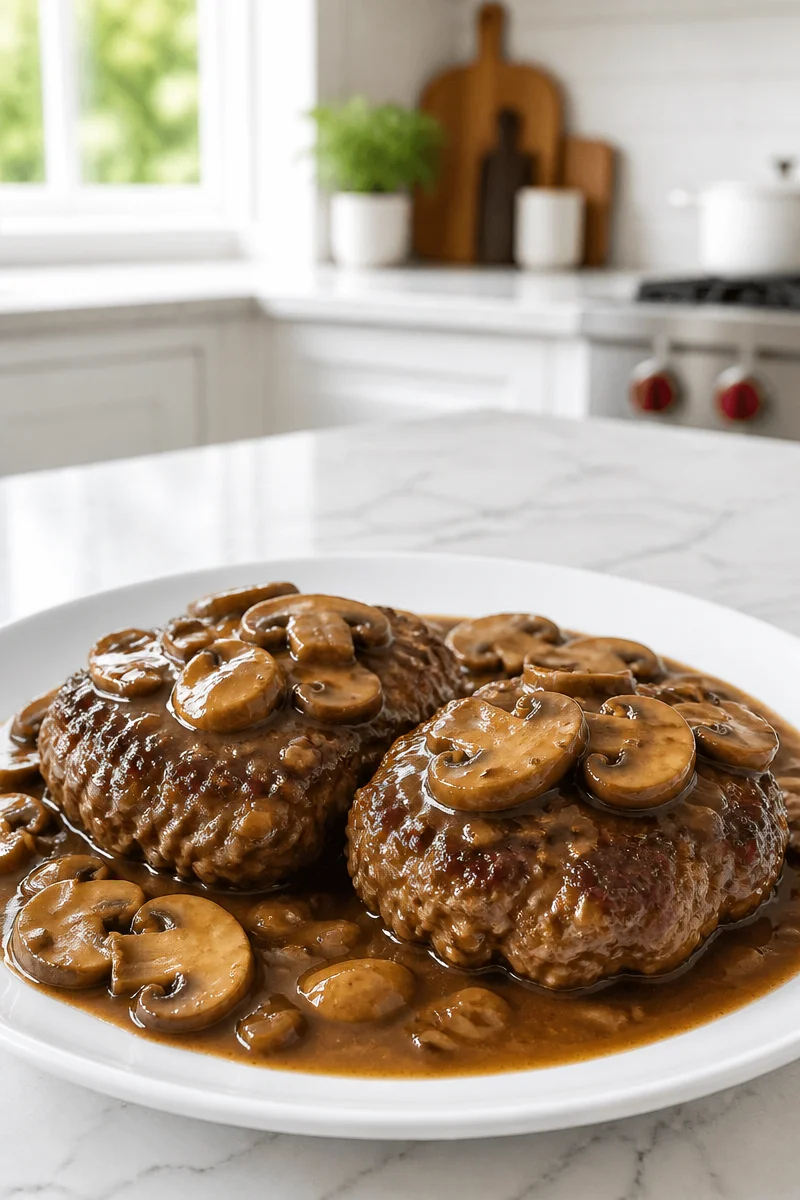 Classic Salisbury steak with savory mushroom gravy served on a plate