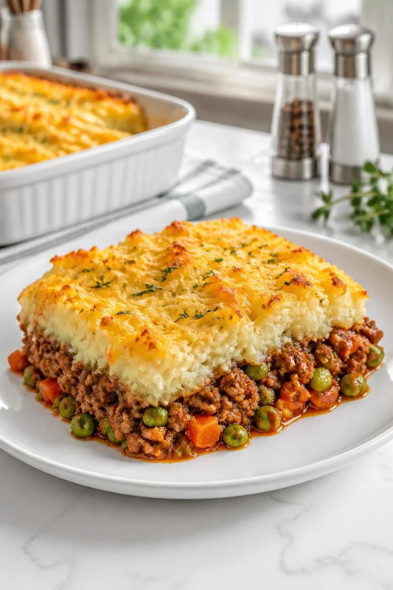 Delicious classic Shepherd Pie made with tender beef and fresh green peas