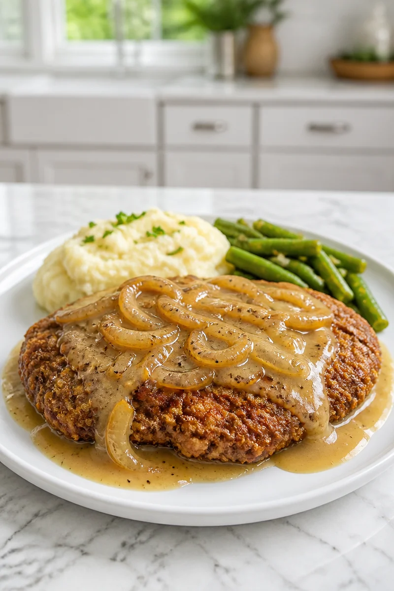 Classic Southern chicken fried steak served with onion gravy