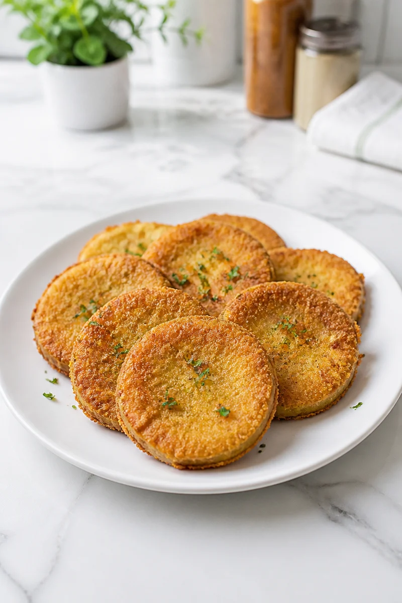 Plate of classic Southern fried green tomatoes, crispy and golden.