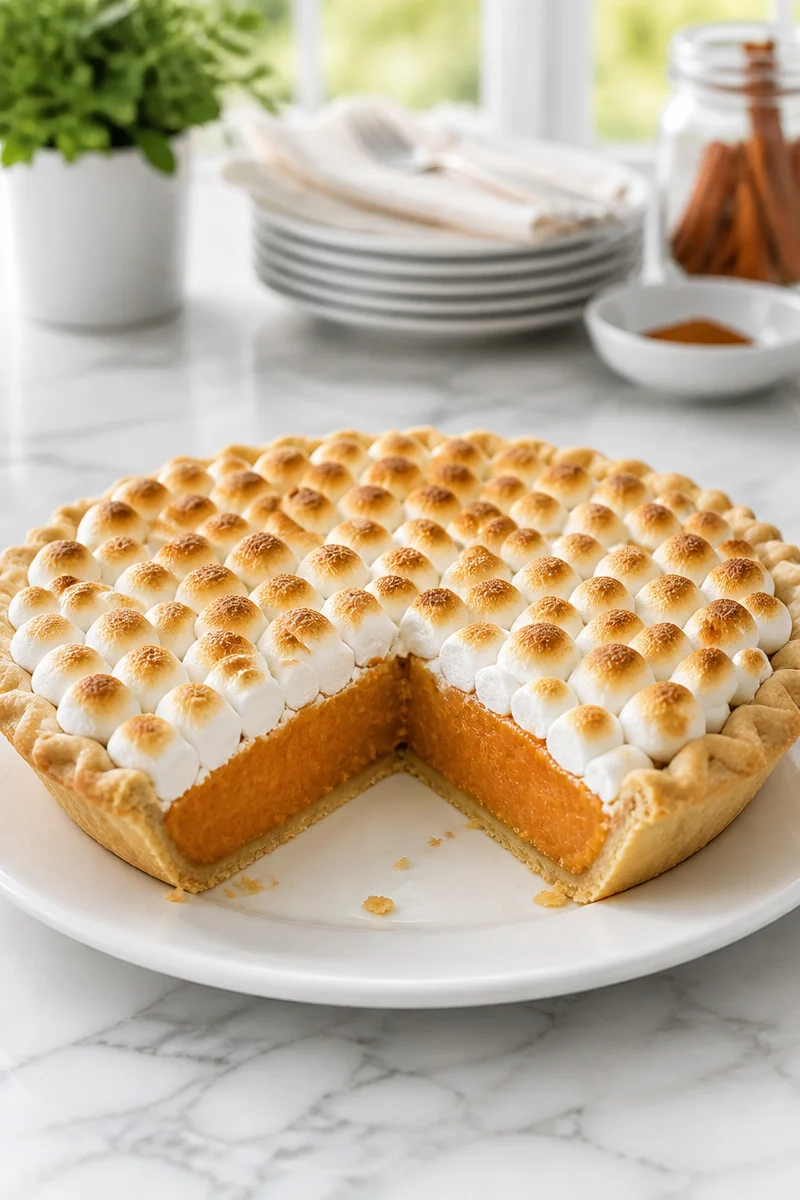 Classic Southern Sweet Potato Pie topped with fluffy marshmallows, perfect for dessert