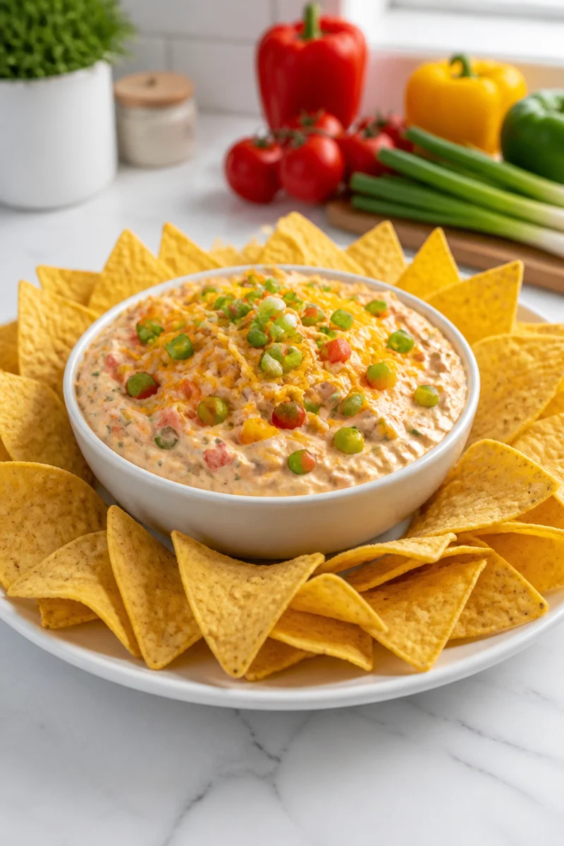 Cold Creamy Taco Dip with Bell Pepper served in a bowl with tortilla chips