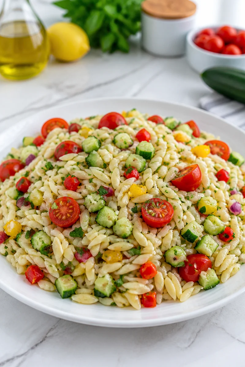Cold orzo pasta salad with fresh herbs and vegetables in a bowl.