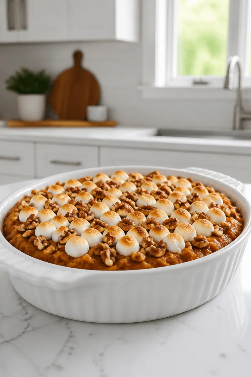 Delicious copycat Ruth Chris sweet potato casserole topped with brown sugar