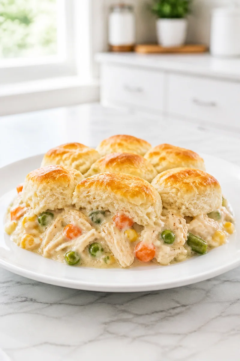 Cozy biscuit topped chicken pot pie casserole served in a dish