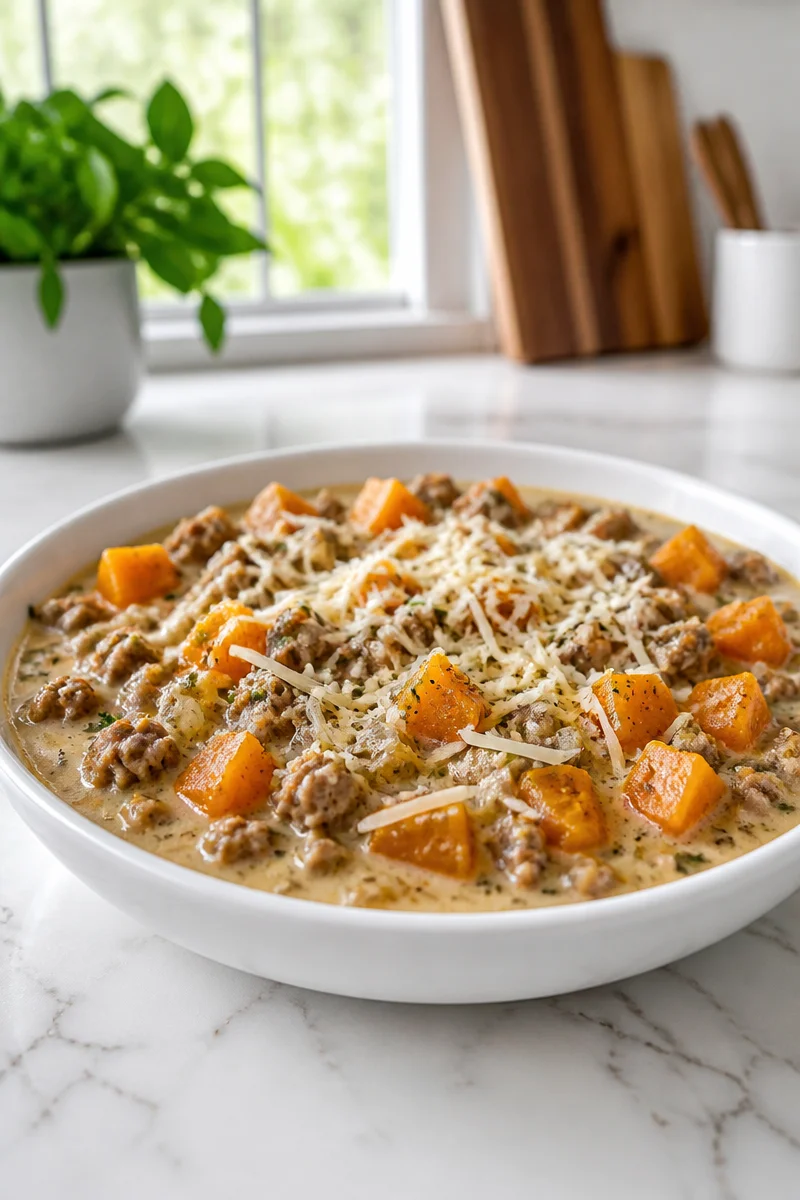 Creamy butternut squash and beef crock pot meal served in a cozy bowl