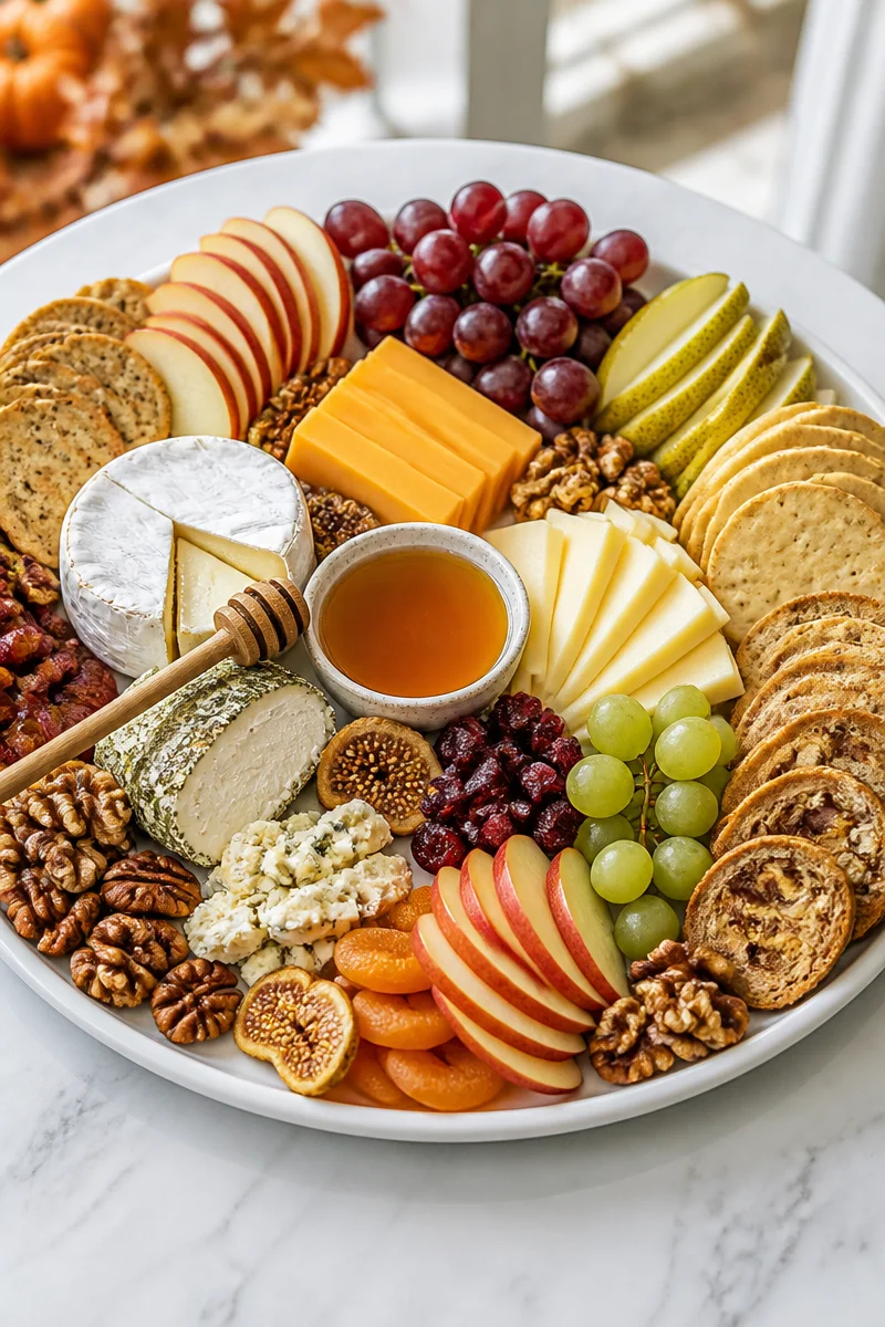 Cozy fall harvest fruit and cheese board featuring seasonal fruits and cheeses.