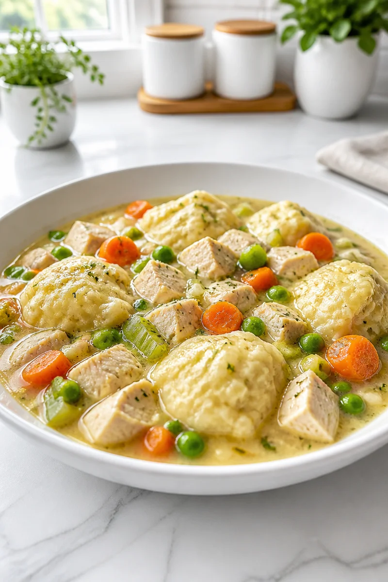 Cozy one pot chicken and dumpling stew in a rustic bowl with herbs