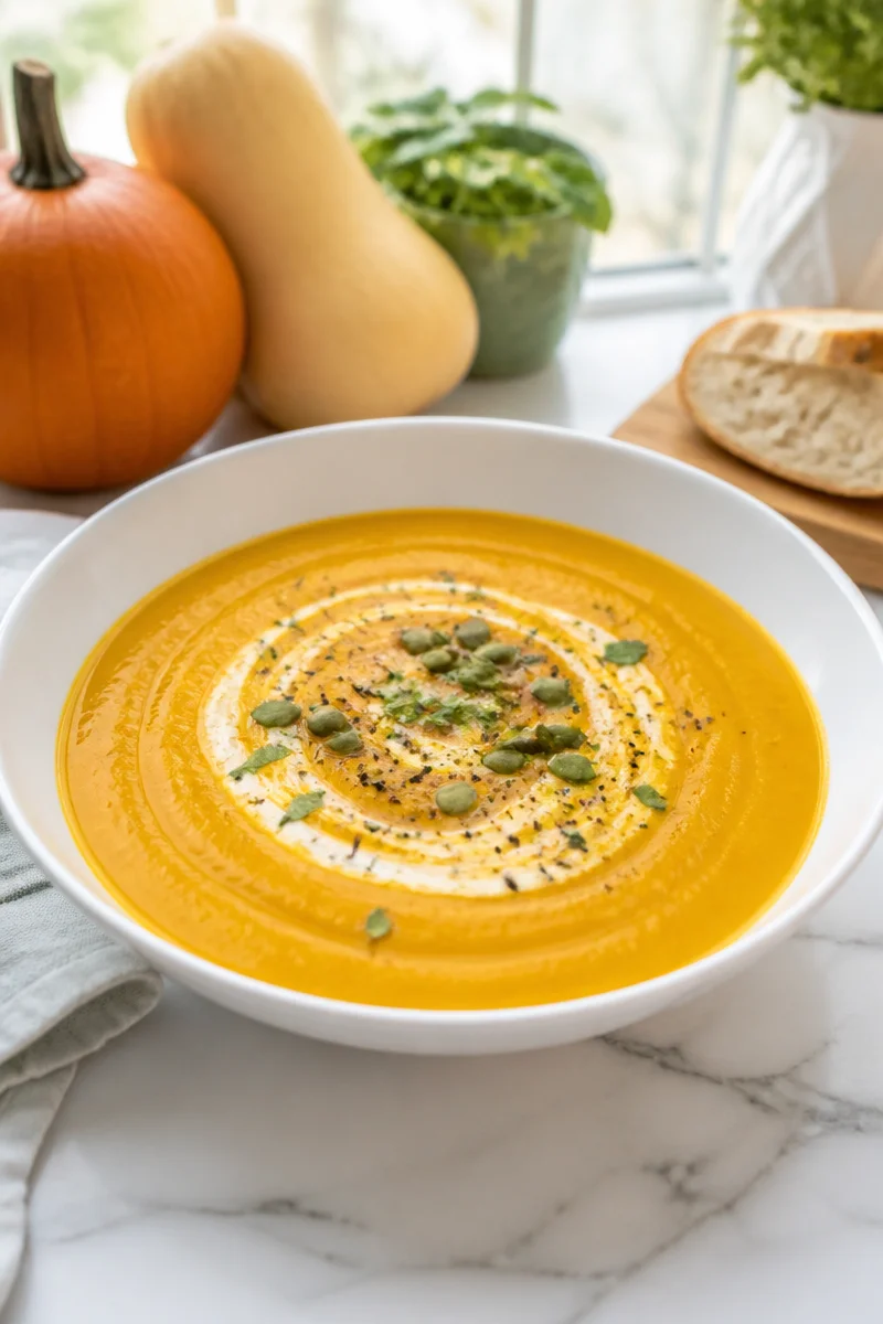 Cozy pumpkin and butternut squash soup in a bowl garnished with herbs.