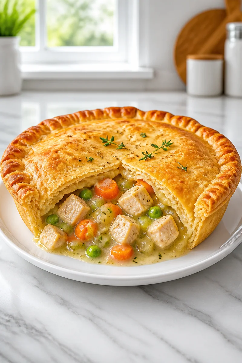 Delicious skillet crust chicken pot pie baked to golden perfection.