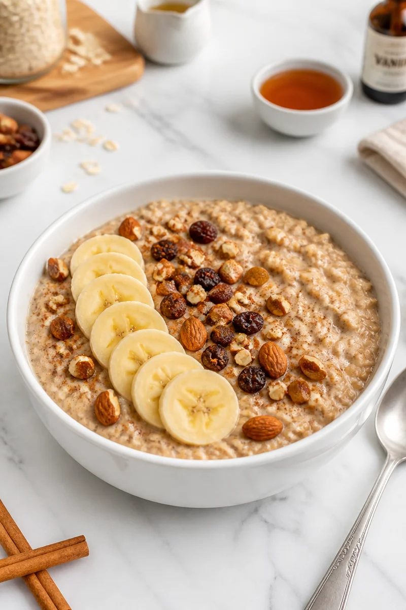 Cozy spiced vanilla chai oatmeal breakfast bowl topped with spices and nuts