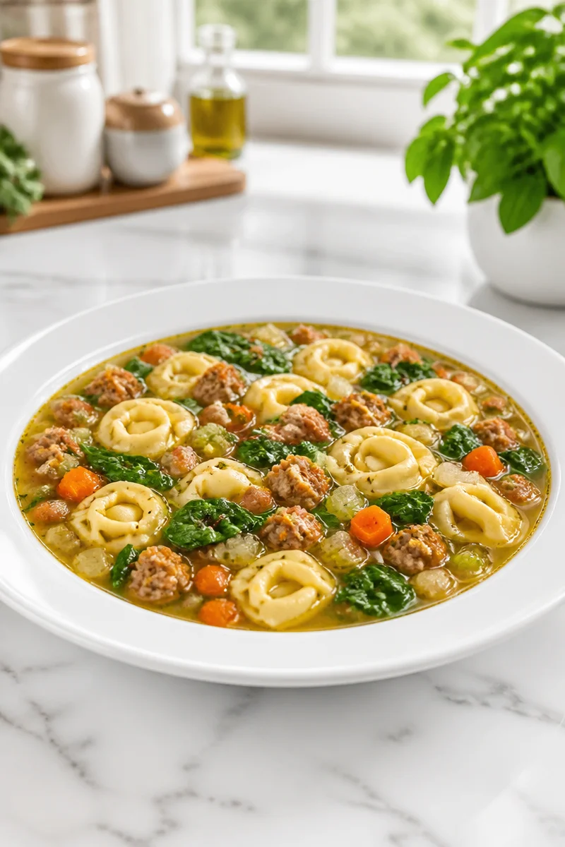 Cozy turkey sausage and spinach tortellini soup in a bowl