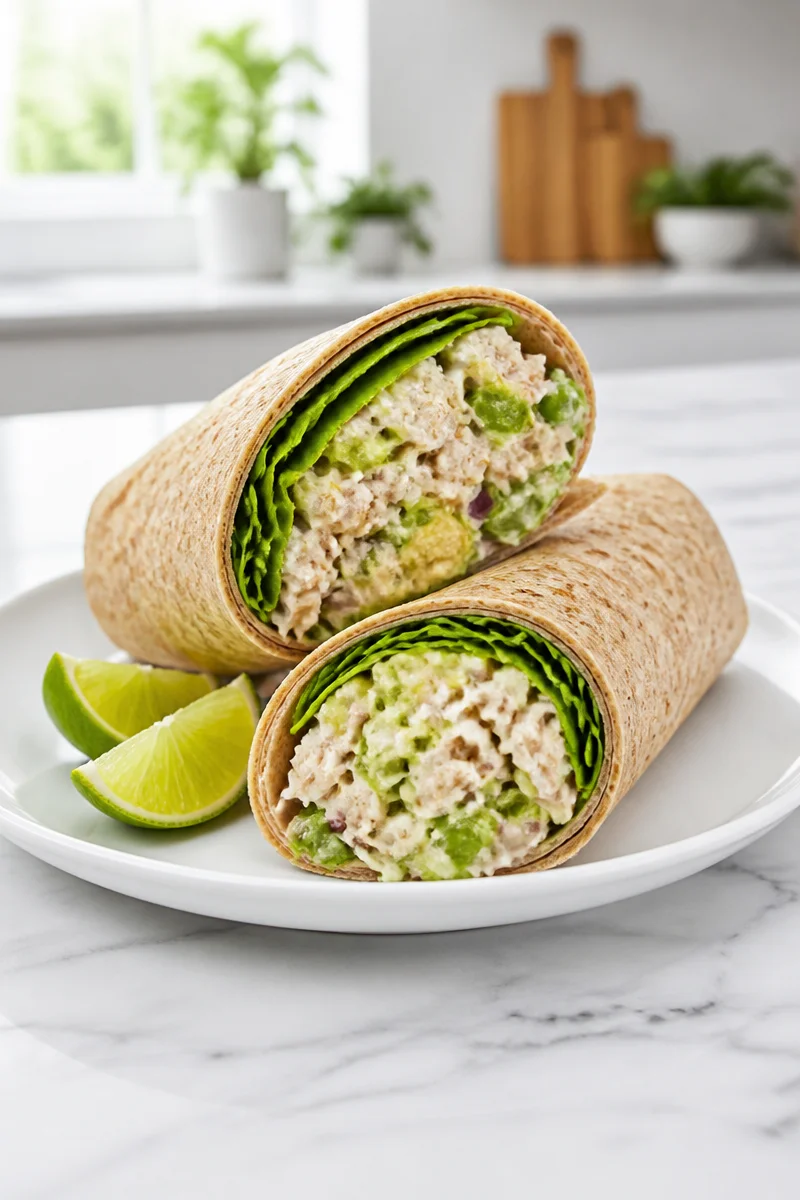 Creamy avocado chicken salad wrap served on a plate with fresh ingredients