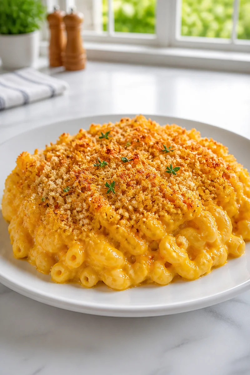 Delicious baked macaroni cheese with creamy butternut squash topping