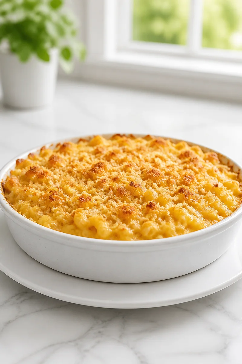Delicious creamy baked macaroni cheese topped with cheddar