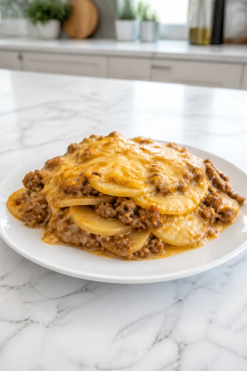 Creamy baked potato and ground beef casserole served in a dish