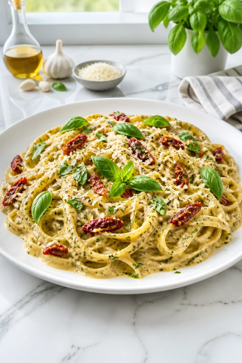 Creamy Basil And Sun Dried Tomato Pesto Pasta