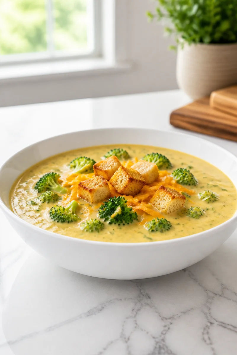 A bowl of creamy broccoli cheddar soup garnished with cheese and broccoli florets.