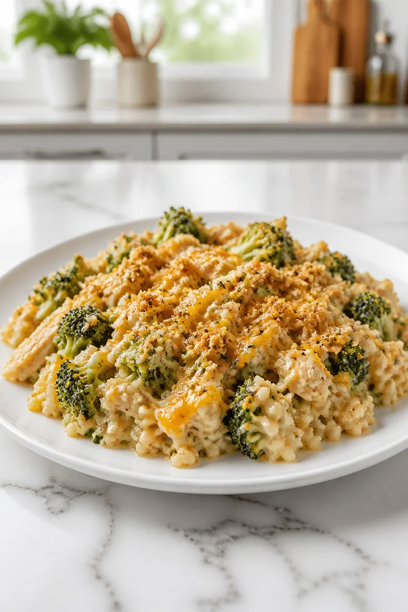 Creamy broccoli and chicken rice casserole served in a baking dish