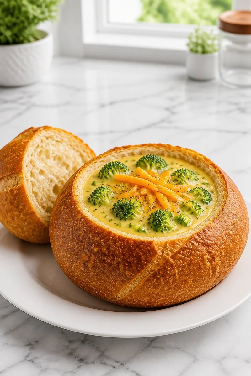 Creamy broccoli cheddar soup in a bread bowl with fresh herbs on top
