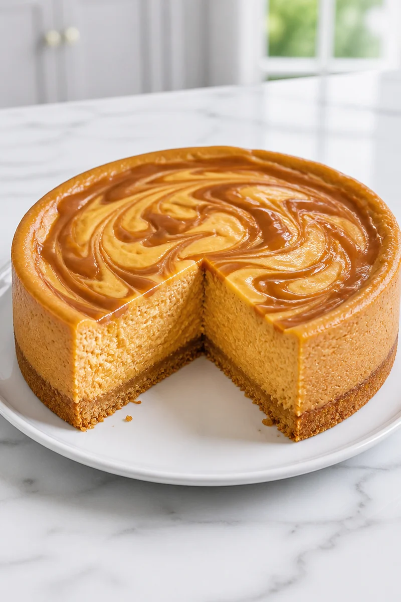 Creamy caramel swirl pumpkin cheesecake dessert topped with whipped cream.