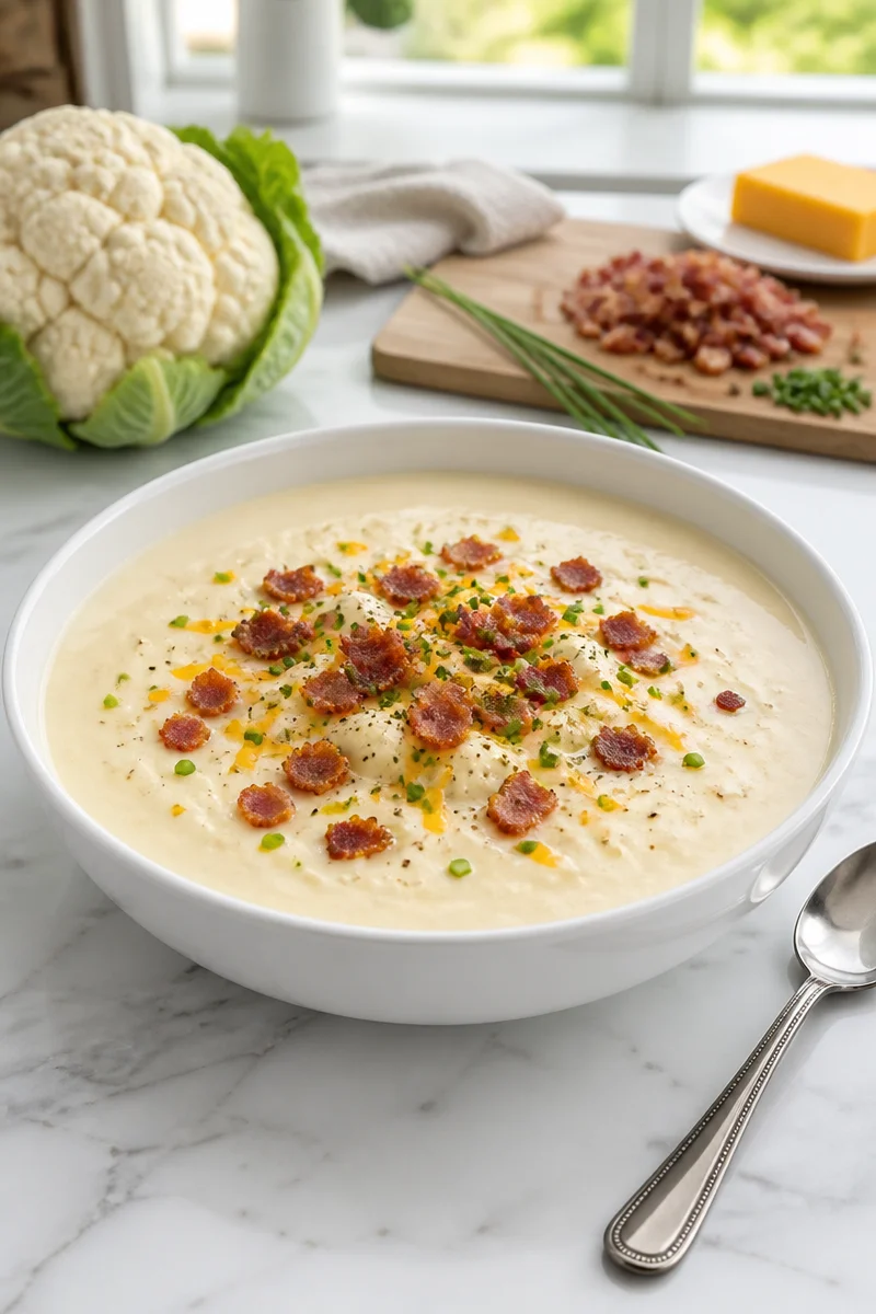 Bowl of creamy cauliflower cheese soup topped with crispy bacon.