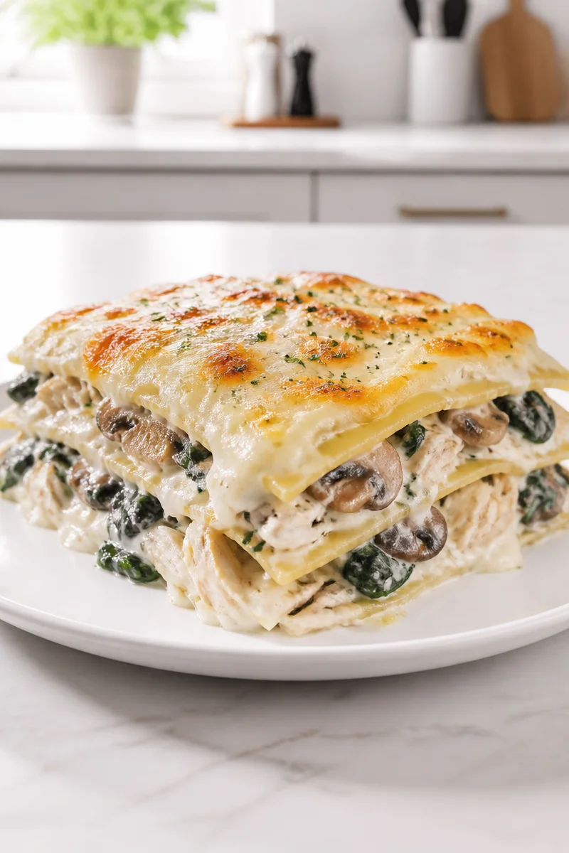Creamy Chicken Alfredo Lasagna with mushrooms and spinach in a baking dish.