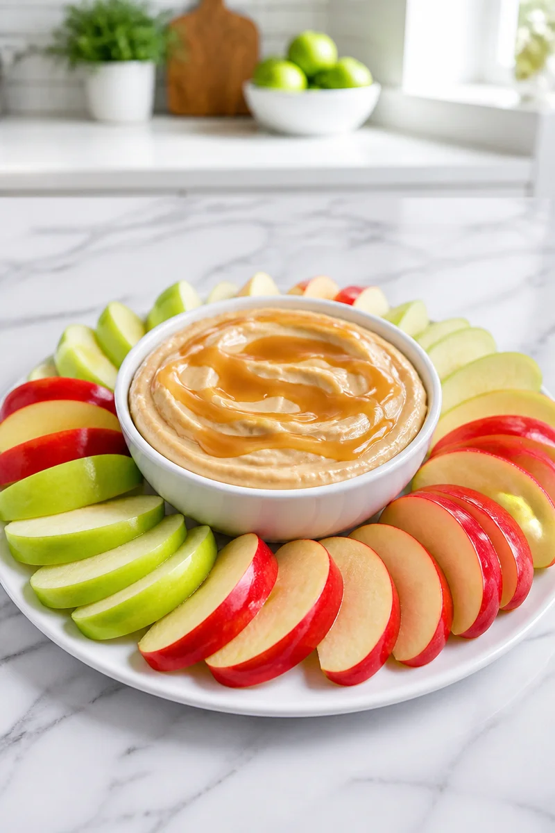 Creamy cream cheese caramel apple dip served with fresh apple slices