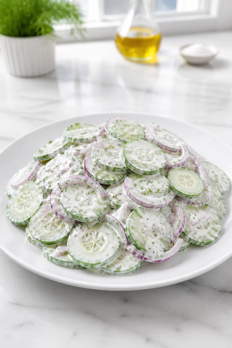 Creamy dill and red onion cucumber salad in a bowl with fresh ingredients