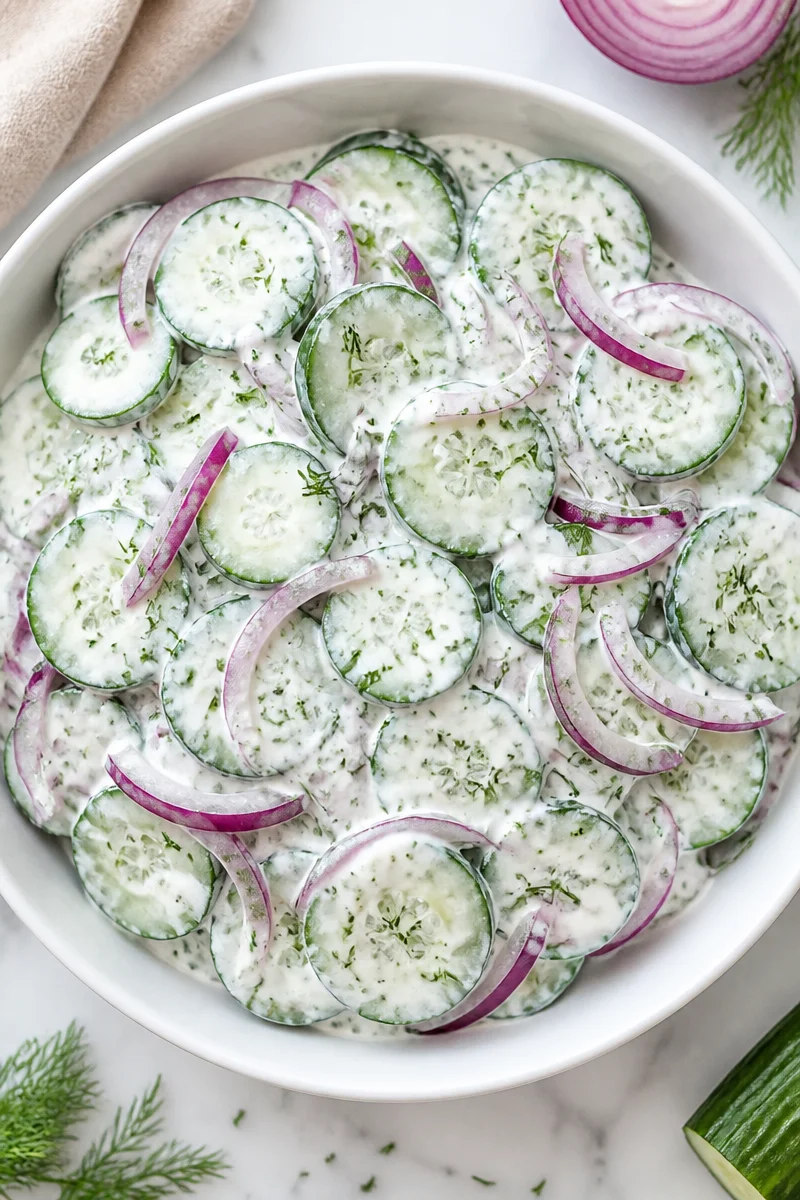 Creamy Dill And Red Onion Cucumber Salad