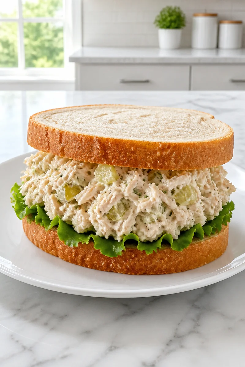 Creamy dill pickle chicken salad sandwich served with fresh ingredients