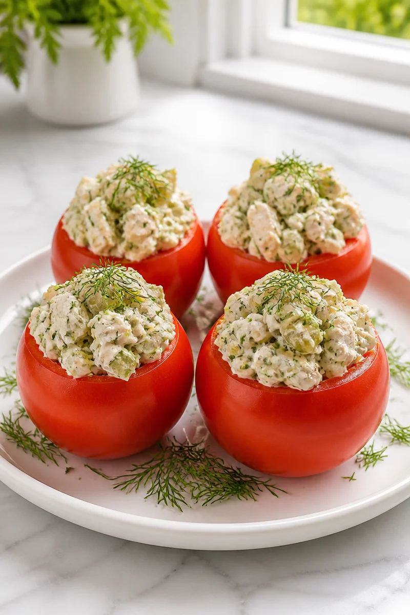 Creamy dill pickle chicken salad served in fresh, ripe tomatoes