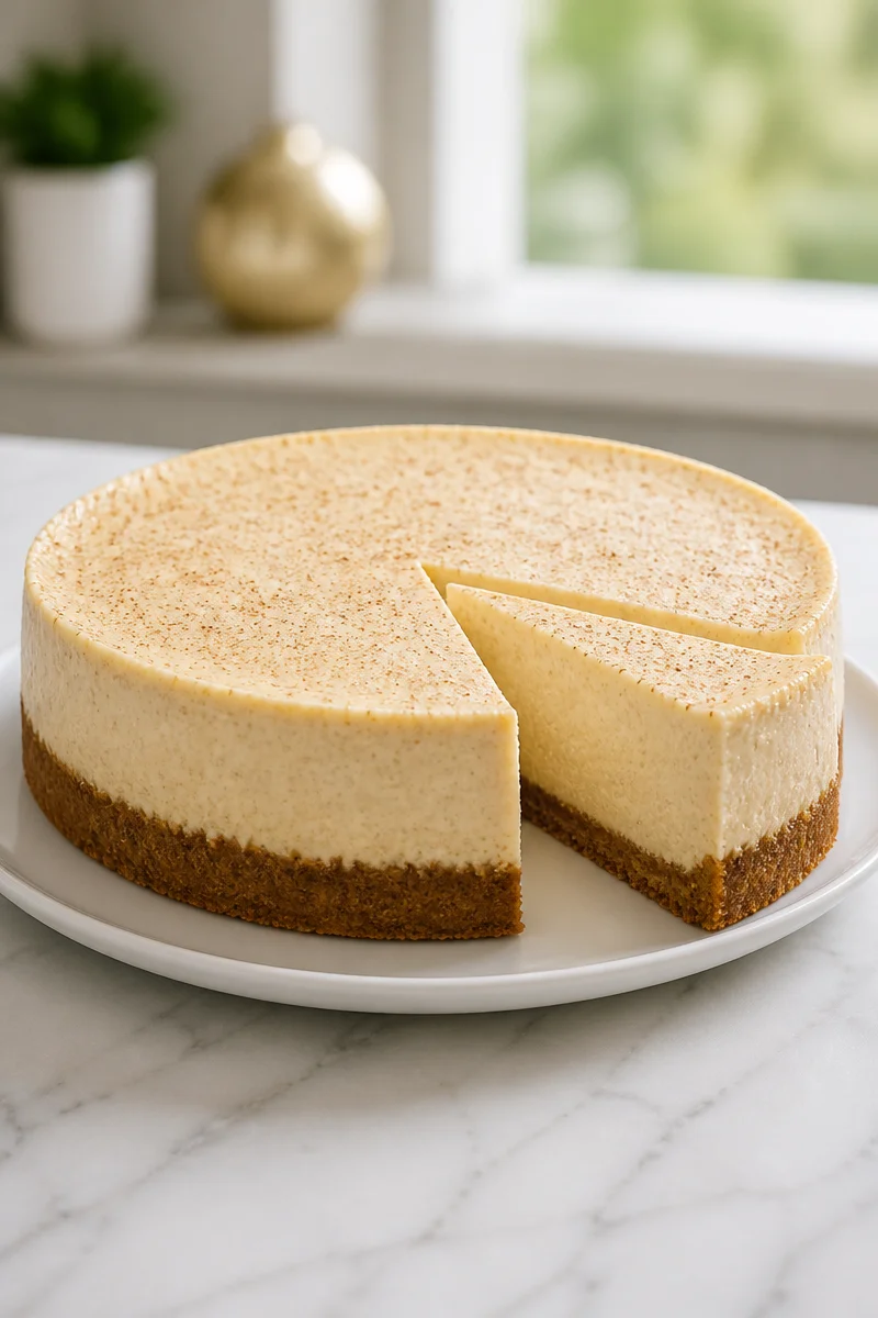 Creamy eggnog cheesecake with a gingersnap crust, holiday dessert