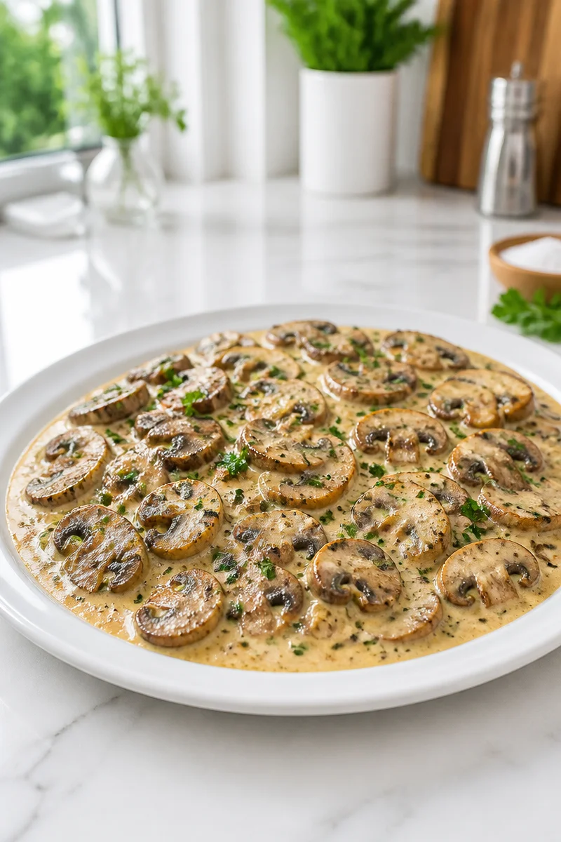 Creamy garlic butter mushroom saute served in a skillet